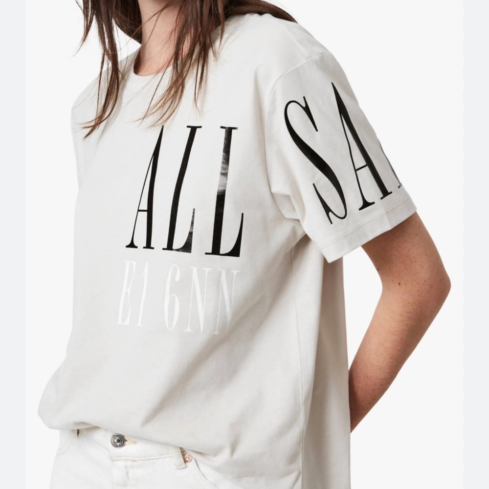 All Saints Revolve Graphic Spell Out Logo Separo Crew Tee in Cream Size Small